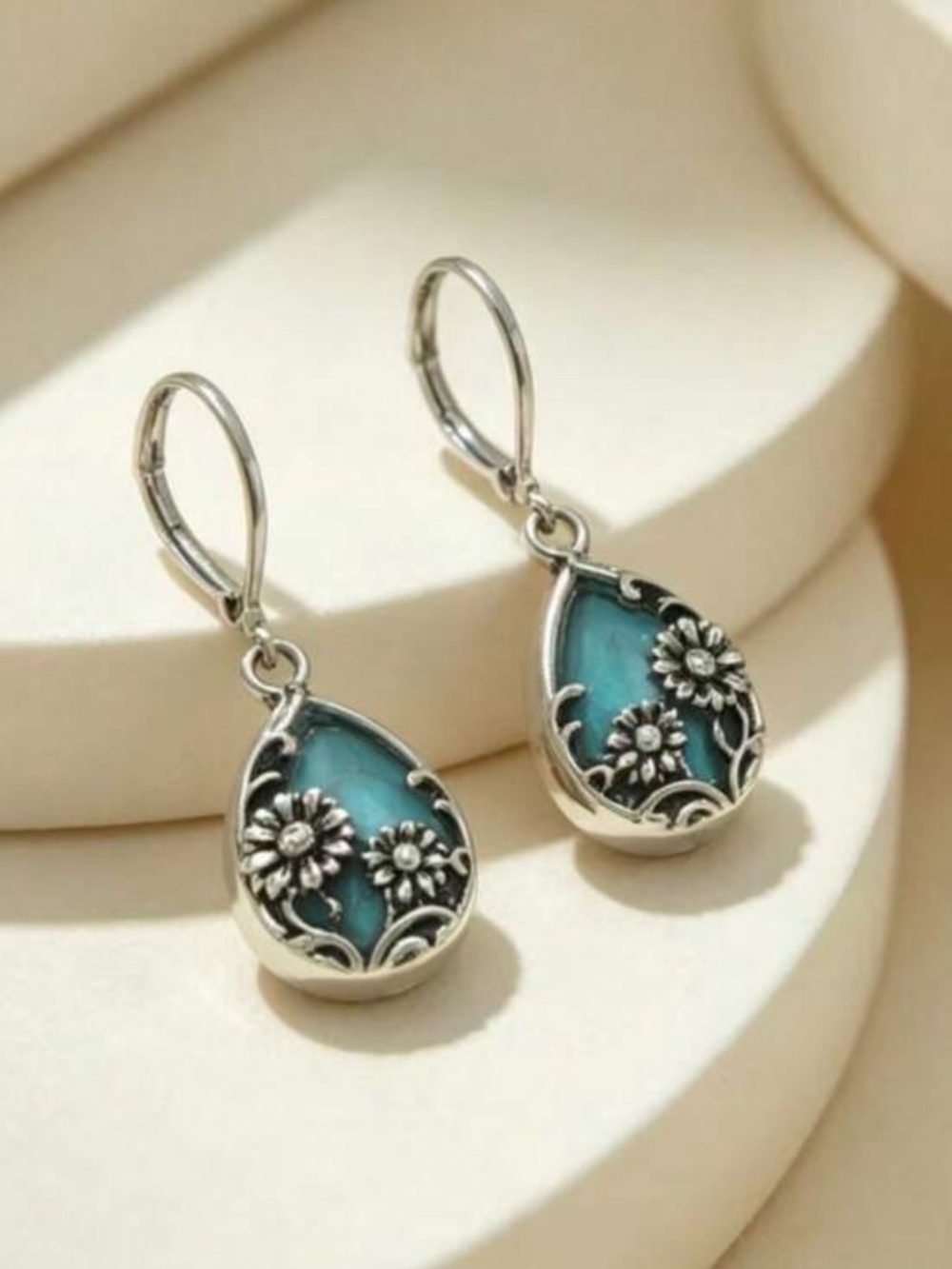 Silver Floral Teardrop Earrings with Faux Turquoise Inlay